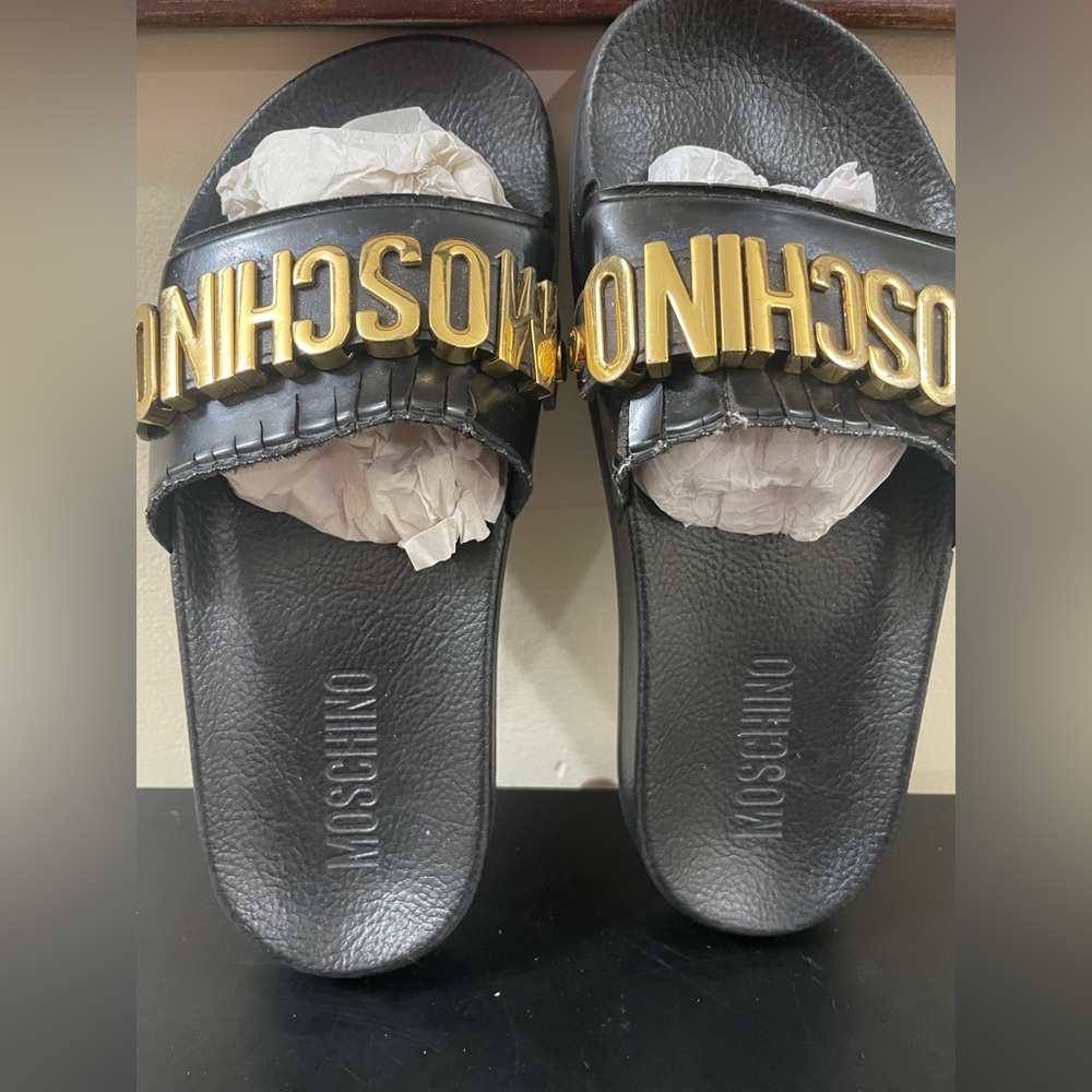 Moschino Kids Black Slides with Gold Logo
